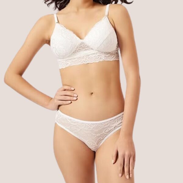 White Lace Longline Bralette with Full Coverage and Low Rise Bikini Panty Set