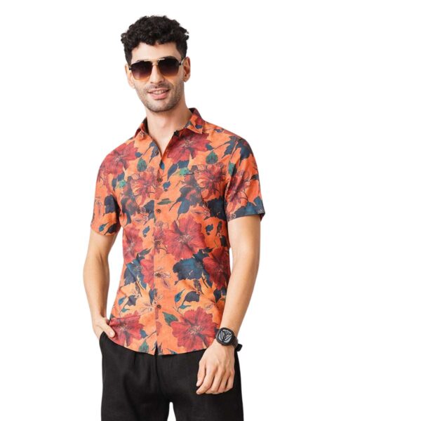 Men's Orange Floral Slim Fit Casual Shirt